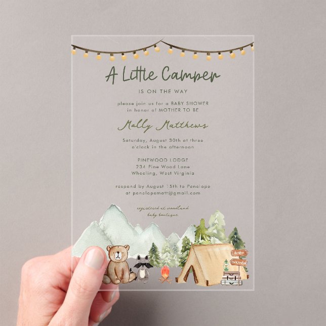 Little Camper Woodland Rustic Baby Shower  Acryleinladungen (Insitu (Handheld))