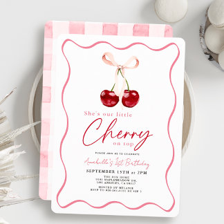 Little Cherry auf Top Ribbon Gingham 1. Geburtstag Einladung