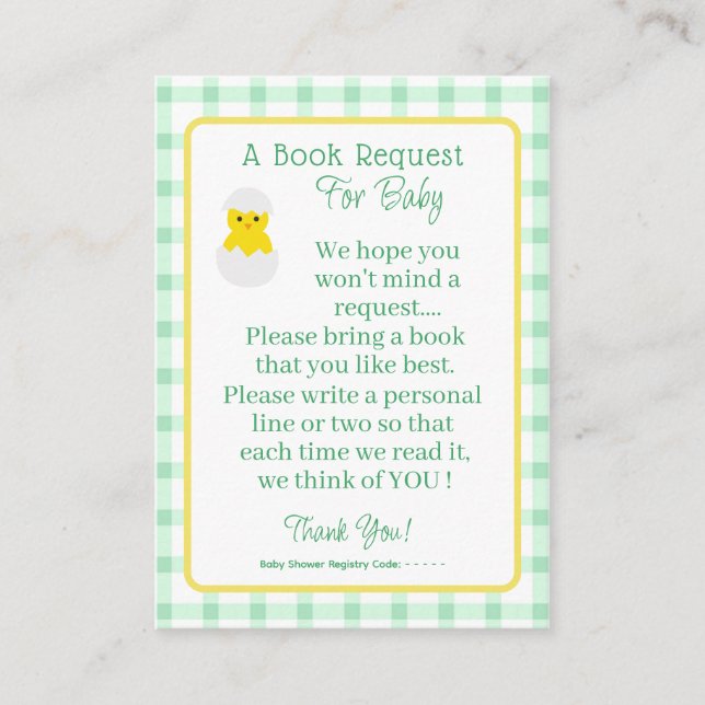 Little Chick Baby Book Request Neutral Baby Shower Begleitkarte (Vorderseite)