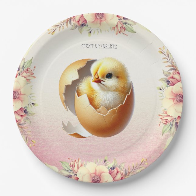 Little Chick Hatching Floral Paper Plate Pappteller (Vorderseite)
