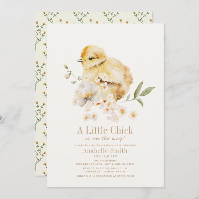 Little Chick Watercolor Floral Girl Babydusche Einladung (Vorne/Hinten)