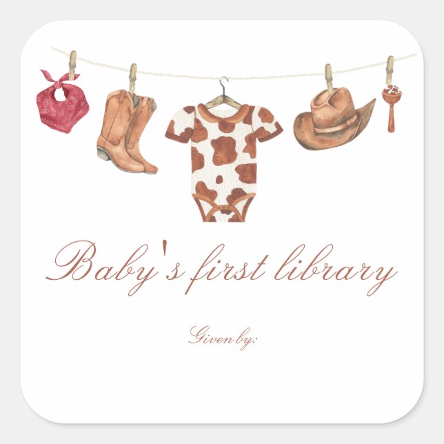 Little Cowboy Baby shower - baby's first library Quadratischer Aufkleber (Vorderseite)
