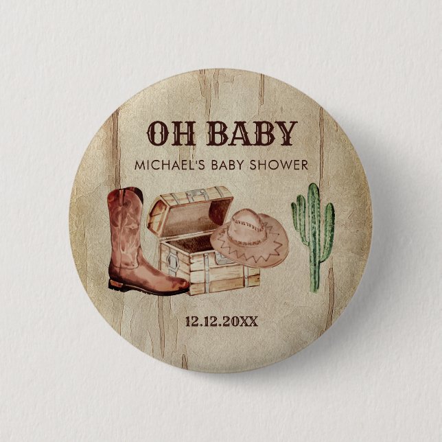 Little Cowboy Baby Shower Cactus Boots Hat Button (Vorderseite)