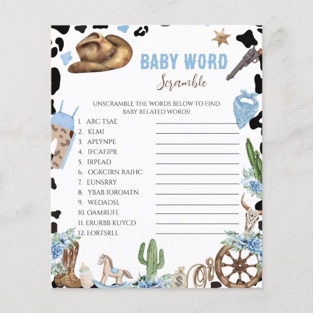 Little Cowboy Baby Shower Word Scramble Game (Vorderseite)