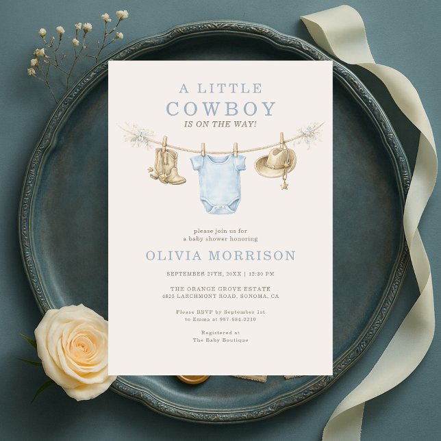 Little Cowboy Blue Clothesline Boy Baby Shower Einladung (Von Creator hochgeladen)