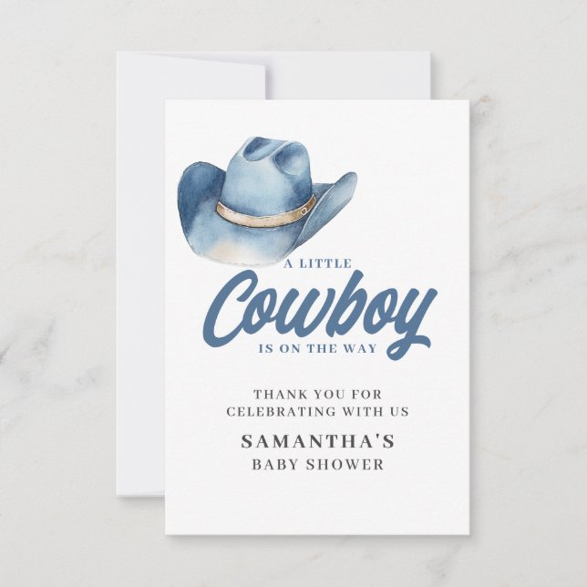 Little Cowboy Blue Western Boy Baby Shower  Dankeskarte (Vorderseite)