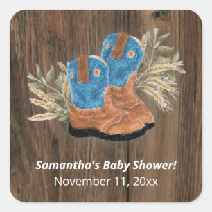 Little Cowboy Bootie Baby Shower Dark Wood Quadratischer Aufkleber