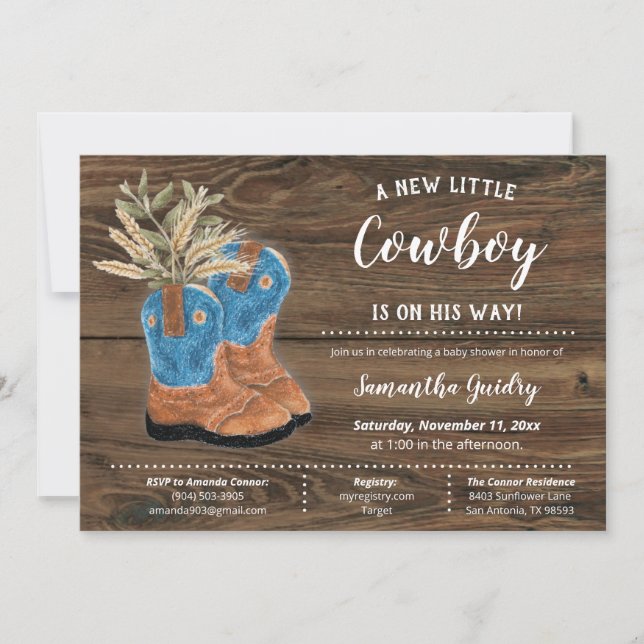 Little Cowboy Bootie Brown Wood Baby Dusche Einladung (Vorderseite)