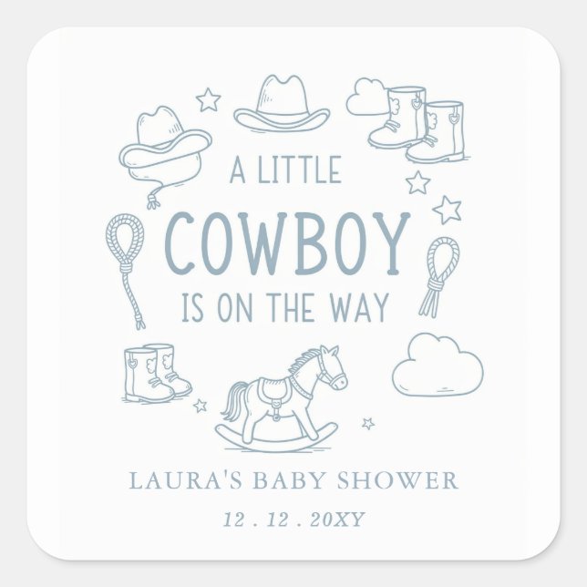 Little Cowboy Boy Baby Shower Quadratischer Aufkleber (Vorderseite)