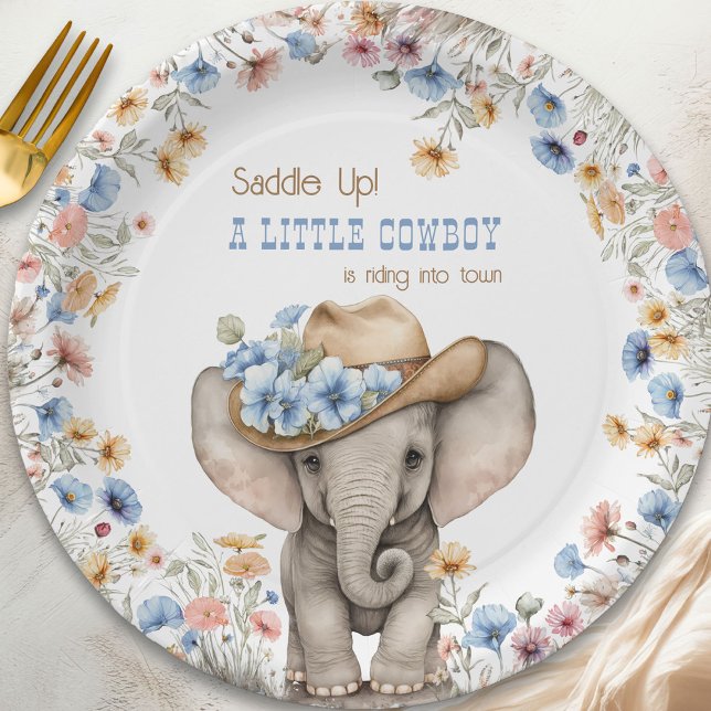 Little Cowboy Elephant und Boho Wildblume Pappteller (Little Cowboy paper plates from the Boho Elephant Baby Shower Collection by Darling & May)