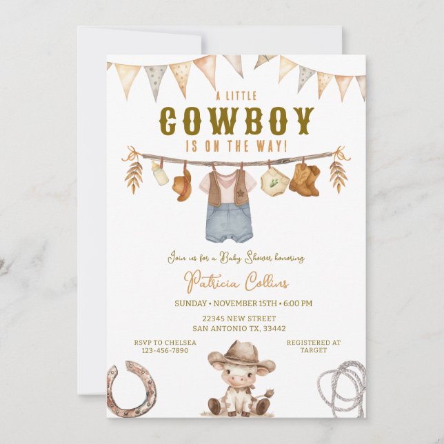 Little Cowboy ist auf der Way Clothline Baby Dusch Einladung (Vorderseite)