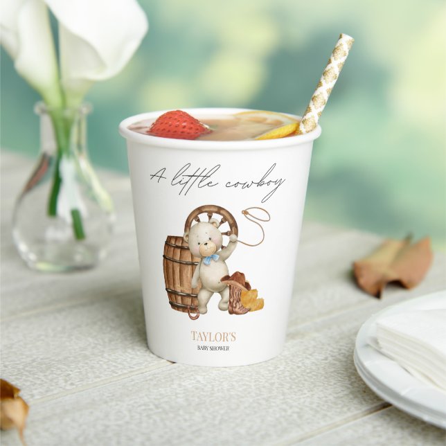 Little Cowboy Watercolor Bear Baby Shower Pa Pappbecher (In Situ)