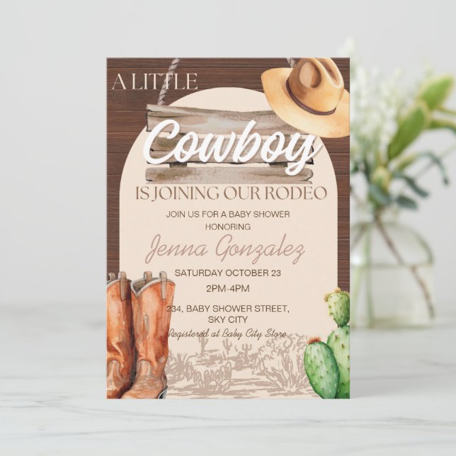 Little Cowboy Western Wild West Rodeo Kinderdusche Einladung (Stehend Vorderseite)