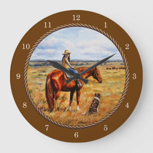 Little Cowgirl auf Rind Pferd Brown Große Wanduhr
