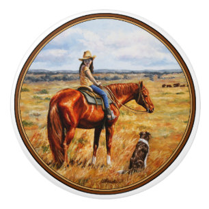 Little Cowgirl on Cattle Horse Keramikknauf