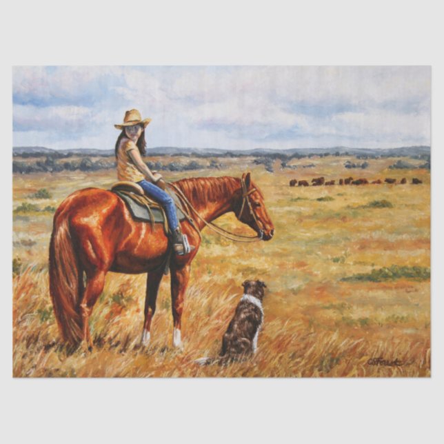 Little Cowgirl on Cattle Horse Seidenpapier (Vorderseite)