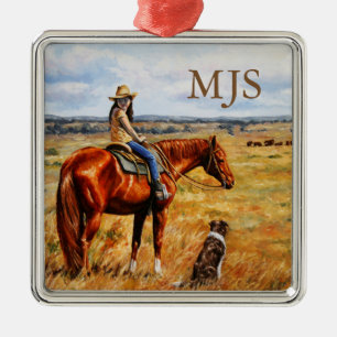 Little Cowgirl on Cattle Horse Silbernes Ornament