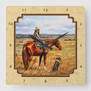 Little Cowgirl on Cattle Horse Yellow Quadratische Wanduhr