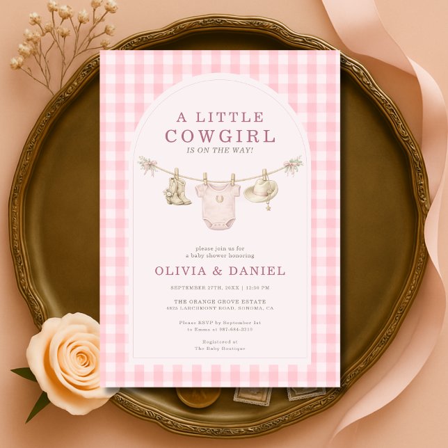 Little Cowgirl Pink Clothesline Plaid Baby Shower Einladung (Von Creator hochgeladen)