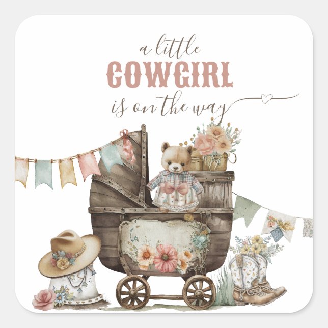 Little Cowgirl Wild West Boho Baby Girl Dusche Quadratischer Aufkleber (Vorderseite)