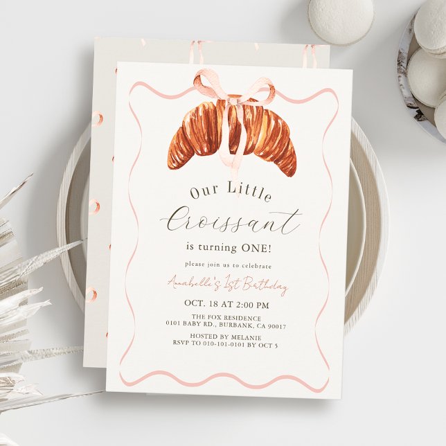 Little Croissant Pink Bow Ribbon Girl 1st Birthday Einladung (Von Creator hochgeladen)