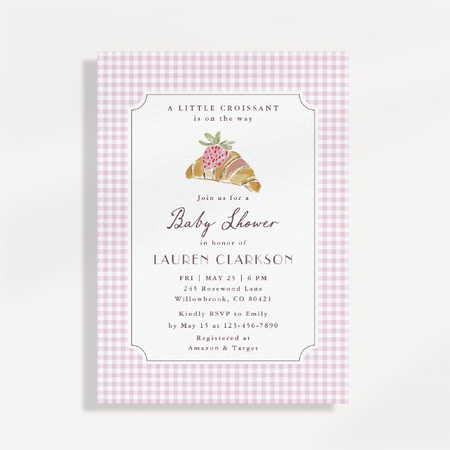 Little Croissant Pink Gingham French Baby Shower Einladung (Von Creator hochgeladen)