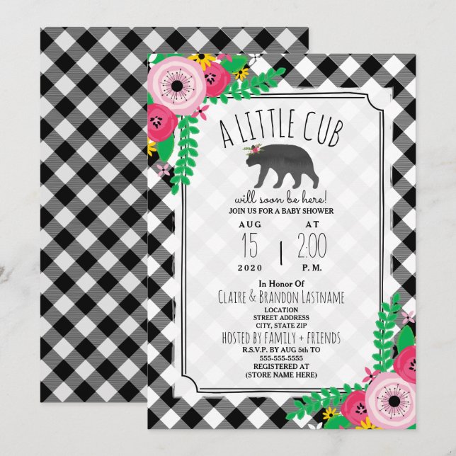 Little Cub Kariert Black + White Girly Baby Dusche Einladung (Vorne/Hinten)