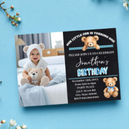 Little Cub Turning One Blue Teddy Bären Geburtstag Einladung