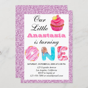Little Cupcake Pink Lilac Glitzer 1. Geburtstag 1 Einladung