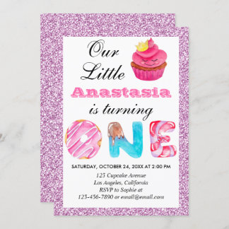 Little Cupcake Pink Lilac Glitzer 1. Geburtstag 1 Einladung