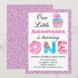 Little Cupcake Pink Lilac Glitzer 1. Geburtstag 1 Einladung