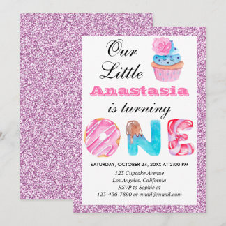 Little Cupcake Pink Lilac Glitzer 1. Geburtstag 1 Einladung