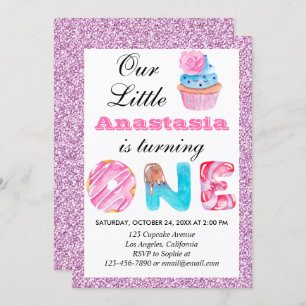 Little Cupcake Pink Lilac Glitzer 1. Geburtstag 1 Einladung