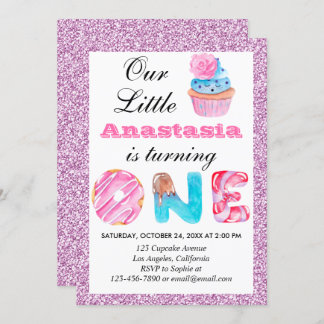 Little Cupcake Pink Lilac Glitzer 1. Geburtstag 1 Einladung