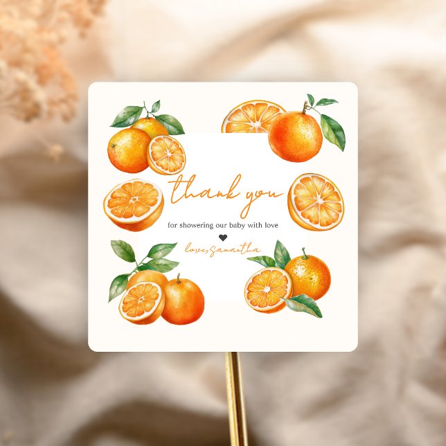 Little Cutie Orange Baby Shower Quadratischer Aufkleber (Little Cutie Baby Shower Sticker)