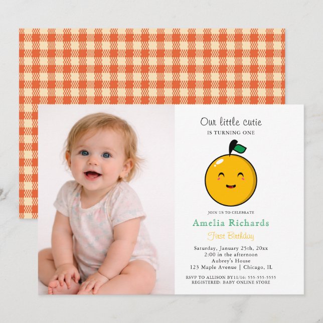  Little Cutie Orange Citrus 1st Birthday  Einladung (Vorne/Hinten)