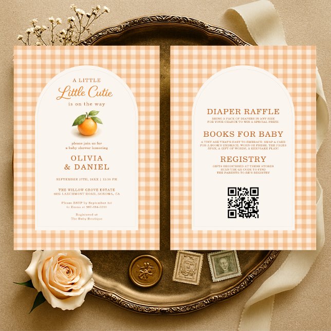 Little Cutie Orange Gingham All in One Baby Shower Einladung (Von Creator hochgeladen)