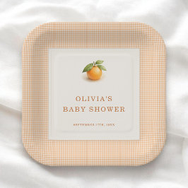 Little Cutie Orange Gingham Baby Shower Party Pappteller