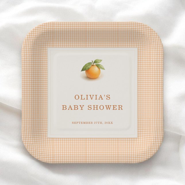 Little Cutie Orange Gingham Baby Shower Party Pappteller (Von Creator hochgeladen)