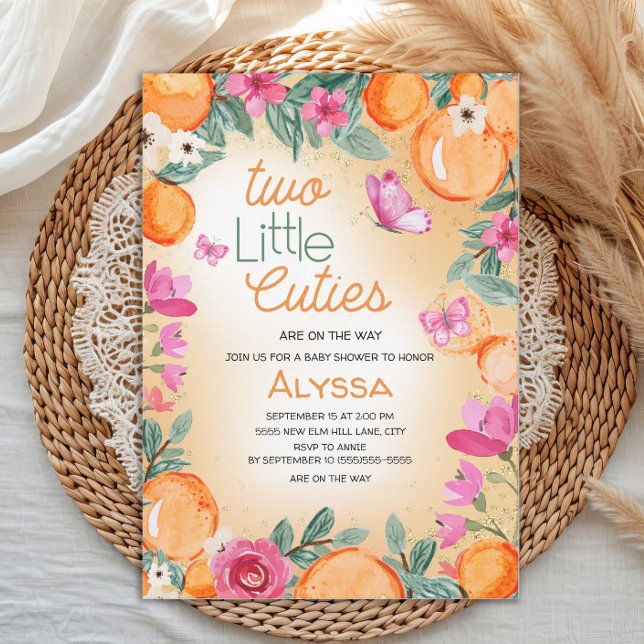 Little Cuties Orange Pink Floral Butterflies Twin Einladung (Two Little Cuties orange with pink floral twin baby shower invitation)