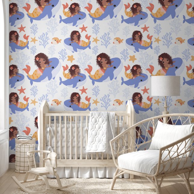 Little Dark Girl Mermaid Whale Tapete (Kinder)
