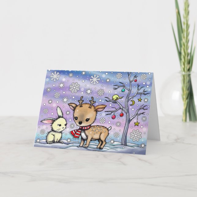 Little Deer and Bunny in the Snow Holiday Card Karte (Vorderseite)