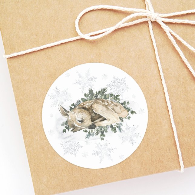 Little Deer Blue Green Winter Baby Dusche Runder Aufkleber (Von Creator hochgeladen)