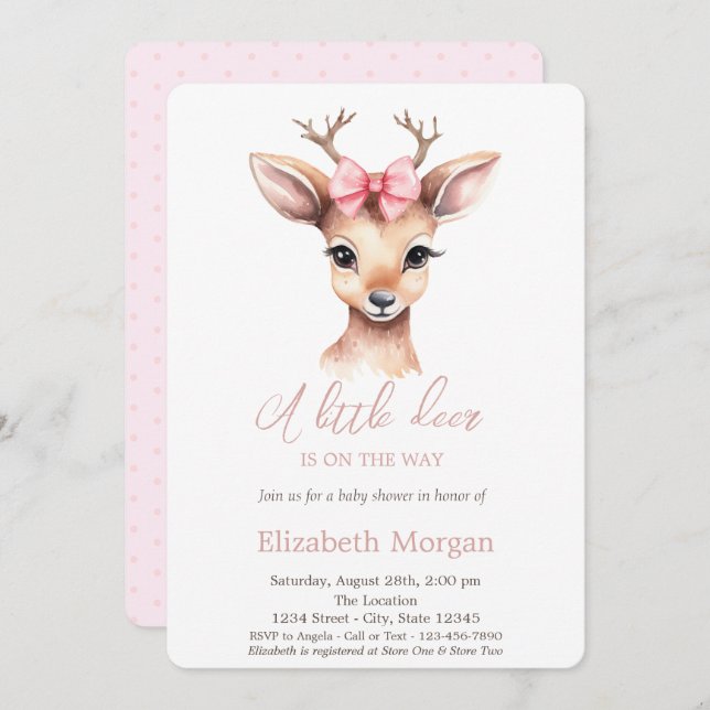 Little Deer Bow Polka Dots Watercolor Babydusche Einladung (Vorne/Hinten)