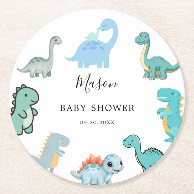 Little Dinosaur Cute Baby Shower Runder Pappuntersetzer (Vorderseite)