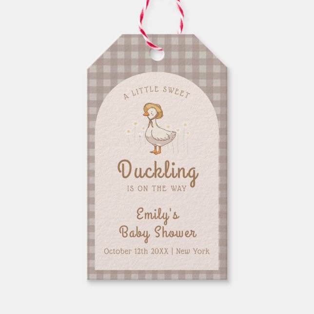 Little Duckling Farmhouse Gingham Baby Shower Geschenkanhänger (Vorderseite)
