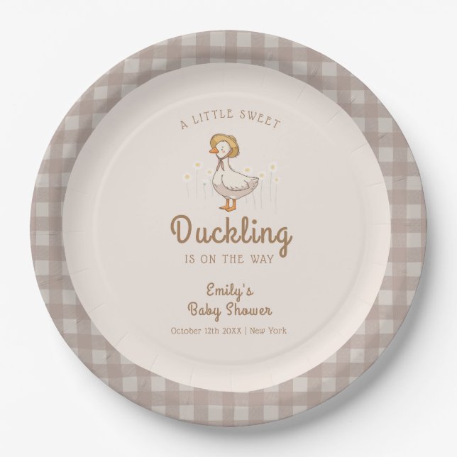 Little Duckling Farmhouse Gingham Baby Shower Pappteller (Vorderseite)