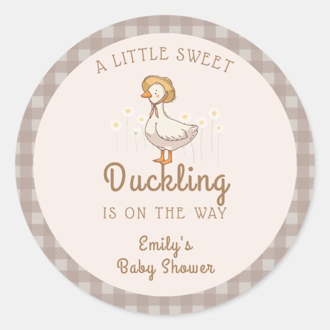 Little Duckling Farmhouse Gingham Baby Shower Runder Aufkleber (Vorderseite)