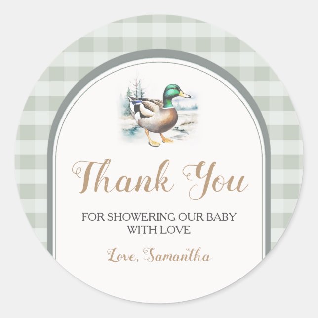 Little Duckling Gingham Baby Dusche Danke Runder Aufkleber (Vorderseite)