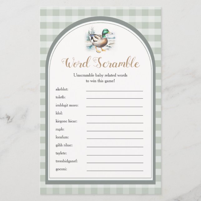 Little Duckling Gingham Baby Shower Word Scramble (Vorderseite)